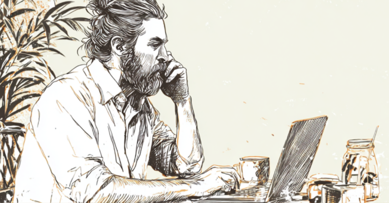 Dessin homme sur son ordinateur qui consulte les offres d'emploi