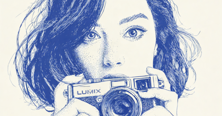 dessin fille qui prend un photo avec un lumix panasonic