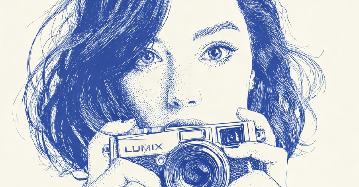 dessin fille qui prend un photo avec un lumix panasonic